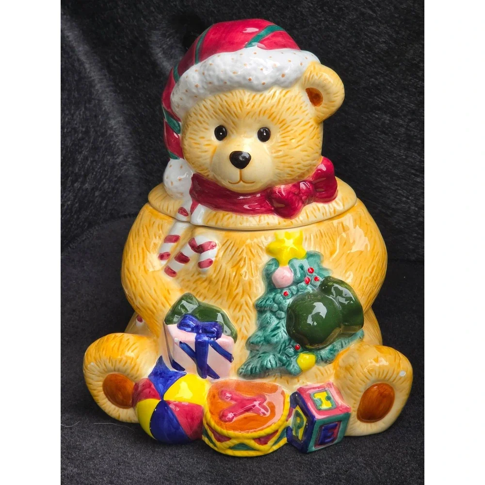 Vintage Christmas Teddy Bear Ceramic Cookie Jar Holiday Decor Santa Hat Toys